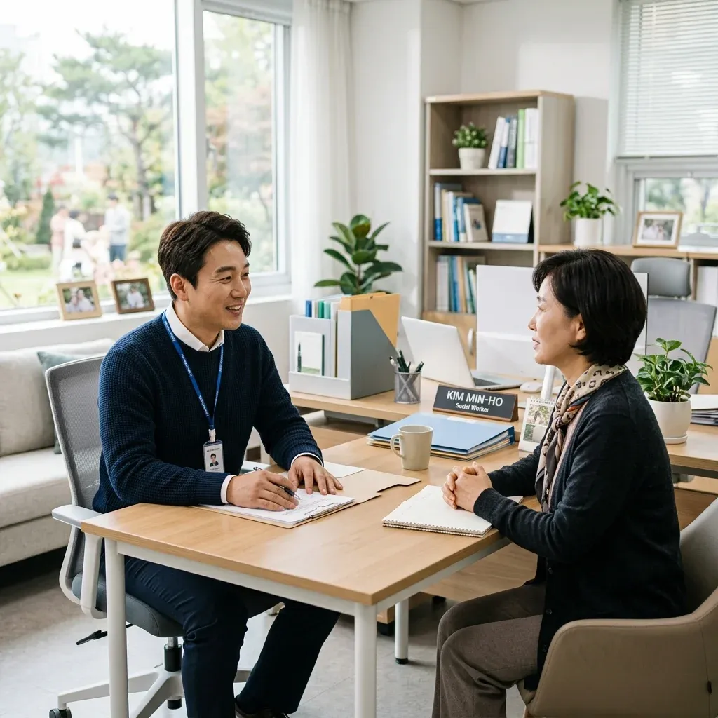 보호자와 상담 중인 사회복지사